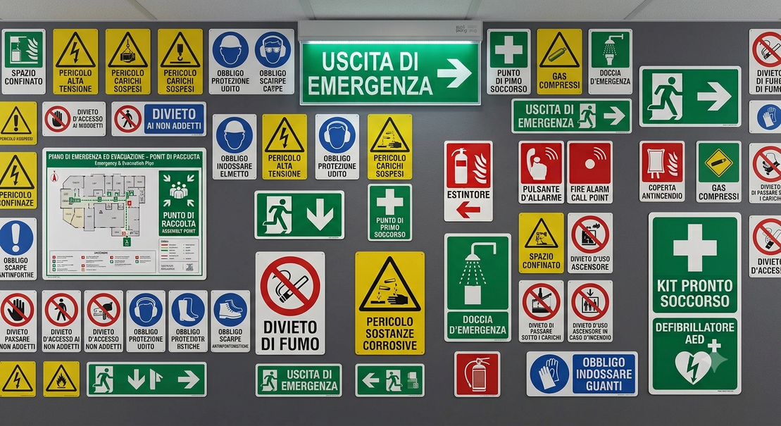 Cartelli di uscita di emergenza e punto di raccolta