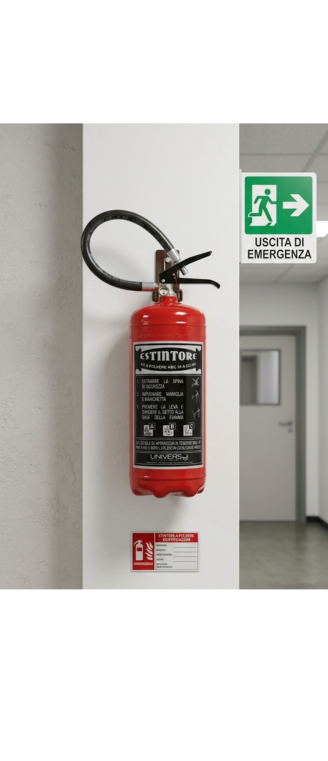 Estintore portatile montato a parete in un corridoio