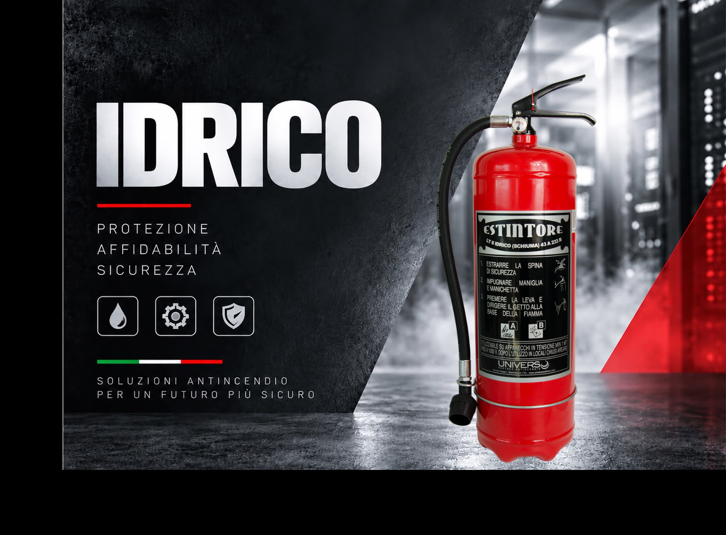 Estintore a schiuma installato in ambiente industriale