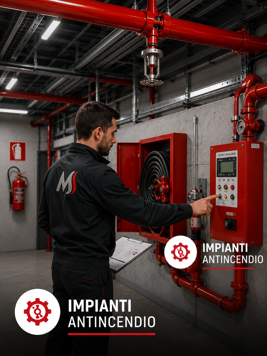 Impianto antincendio con tubazioni e idranti in un capannone industriale