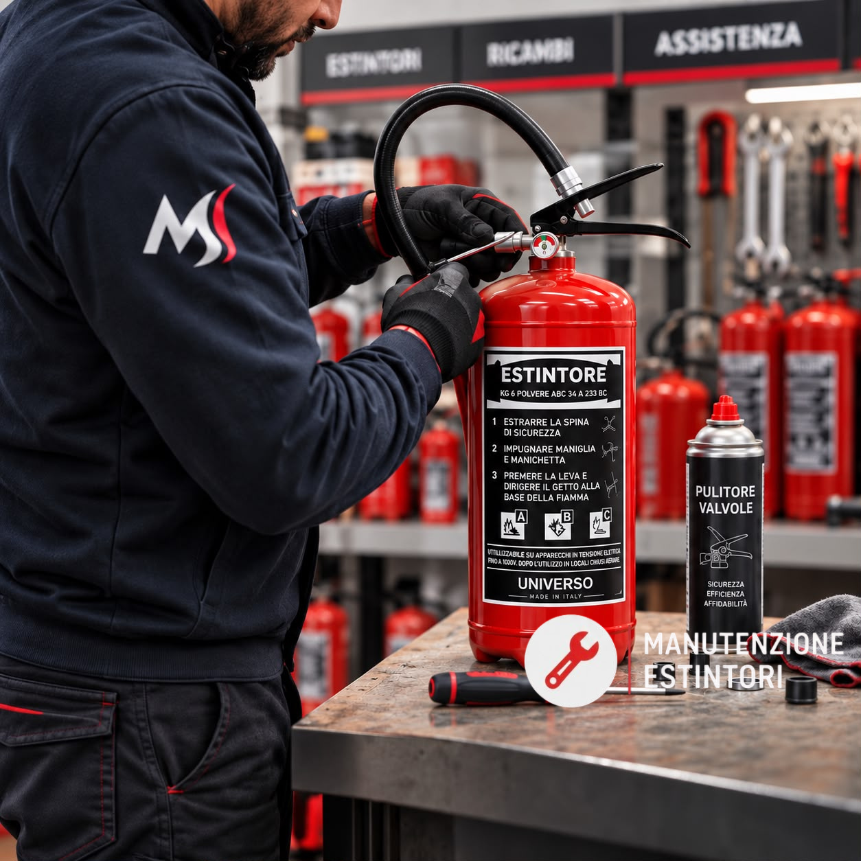 Tecnico che esegue la manutenzione di un estintore in azienda